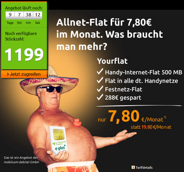 Crash-Tarife Mobilcom-Debitel Yourflat 7,80 Euro