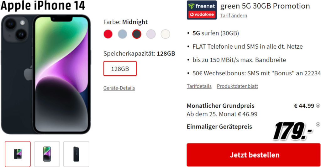 Klarmobil iPhone 14 mit 25GB D1 Handyvertrag für 34,99 Euro