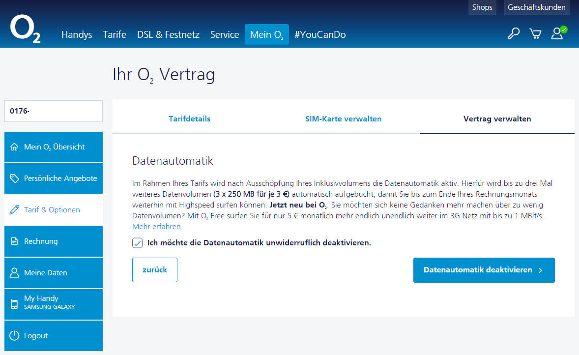 Tarifhaus o2 Datenautomatik deaktivieren